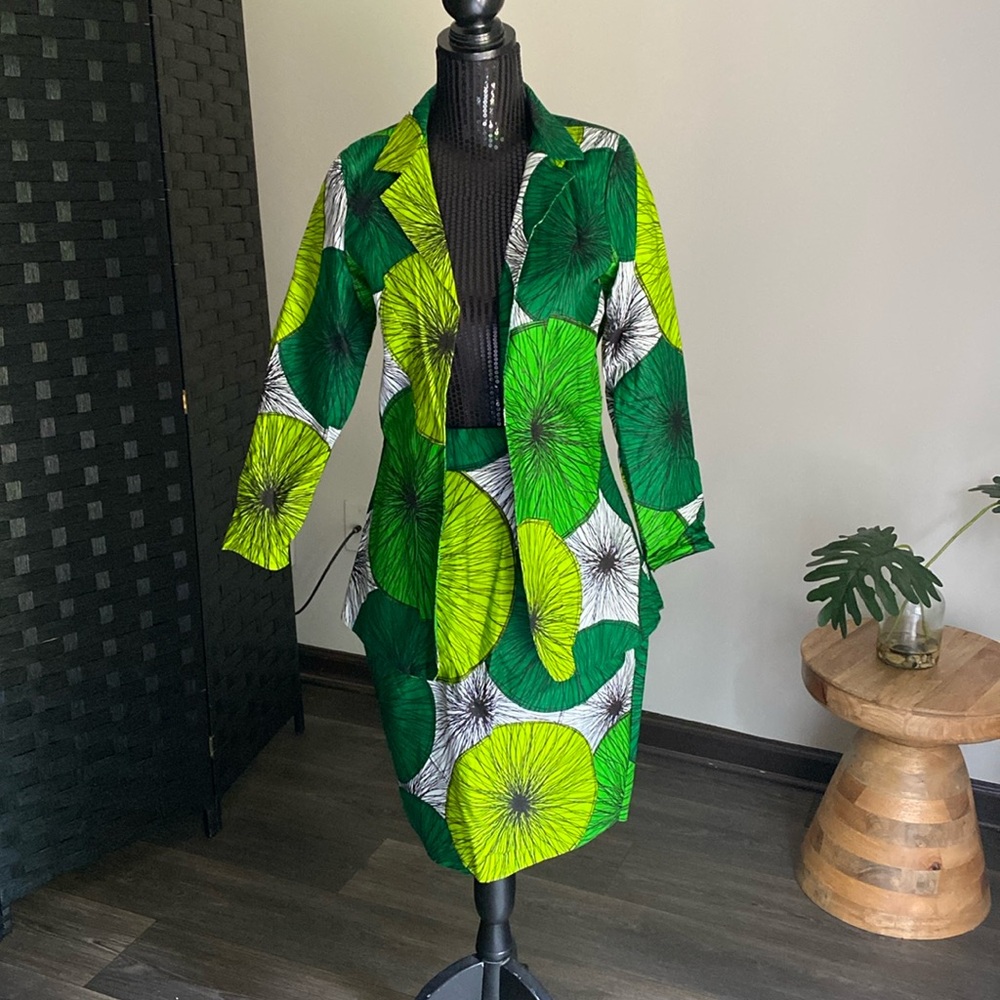 Green Print Blazer & Skirt Matching Sets